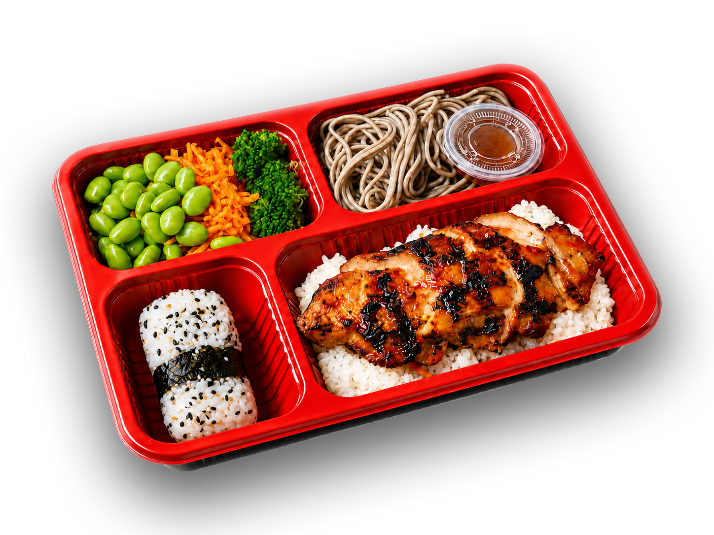 Chef-made Asian bento with grilled chicken, noodles and sides