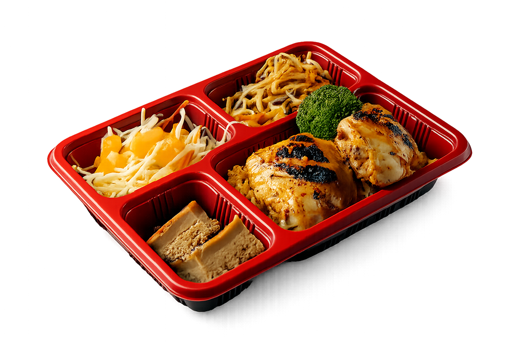 Chef-made Asian bento with grilled chicken, noodles and sides